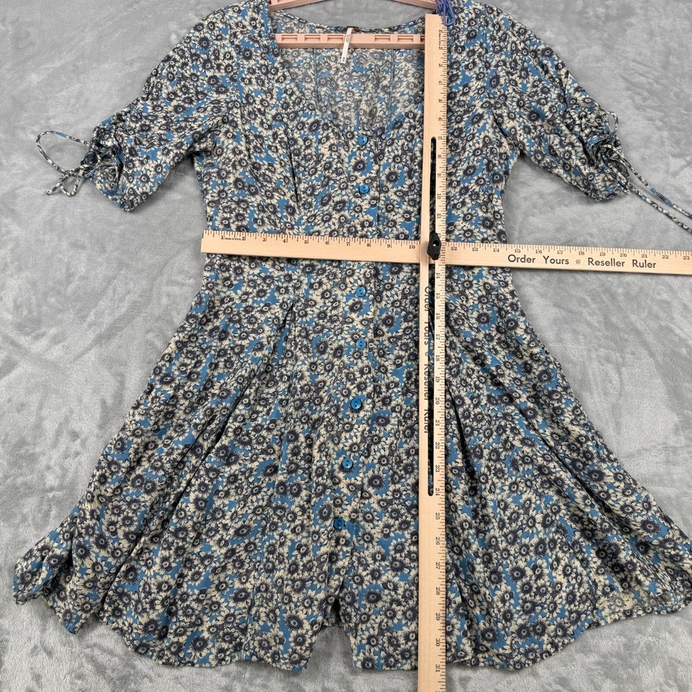 Free People Dress Women M Blue Floral Flower Power Mini Fit & Flare Boho Lace Up - Picture 3 of 11
